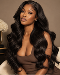 Styling image: model with long natural-black body-wave hair in a warm studio