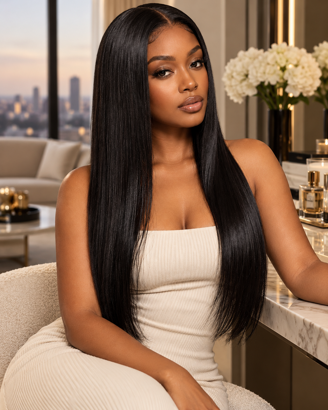 Styling image: model with long natural-black straight hair in a warm interior